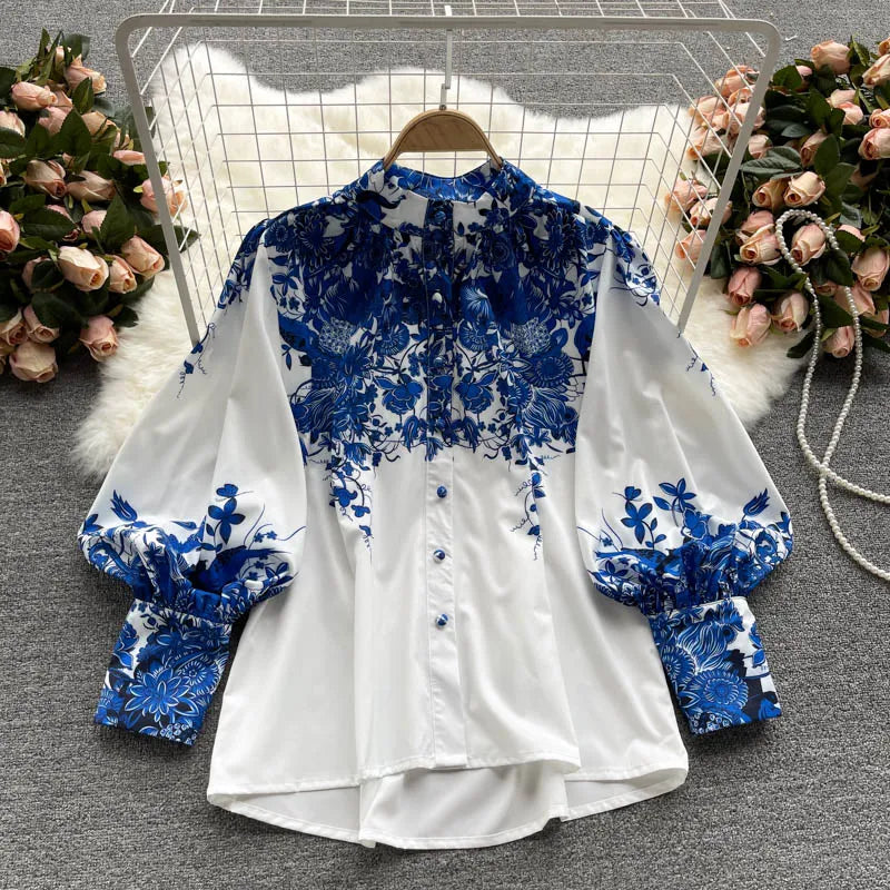 Two Piece Set Women's Shorts Sets Summer Suit Vintage Printed Long Sleeve Blouse Tops And High Waist Shorts Female Office Outfit