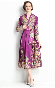 High Quality Three Quarter Sleeve V Neck Long Sleeve Flower Print Satin Dress