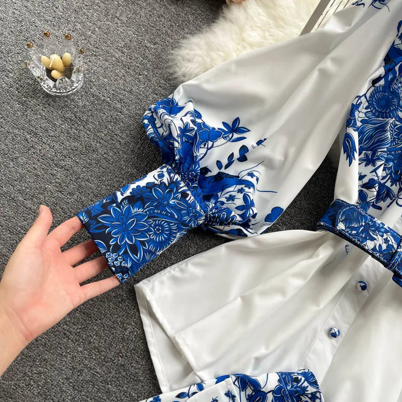Two Piece Set Women's Shorts Sets Summer Suit Vintage Printed Long Sleeve Blouse Tops And High Waist Shorts Female Office Outfit