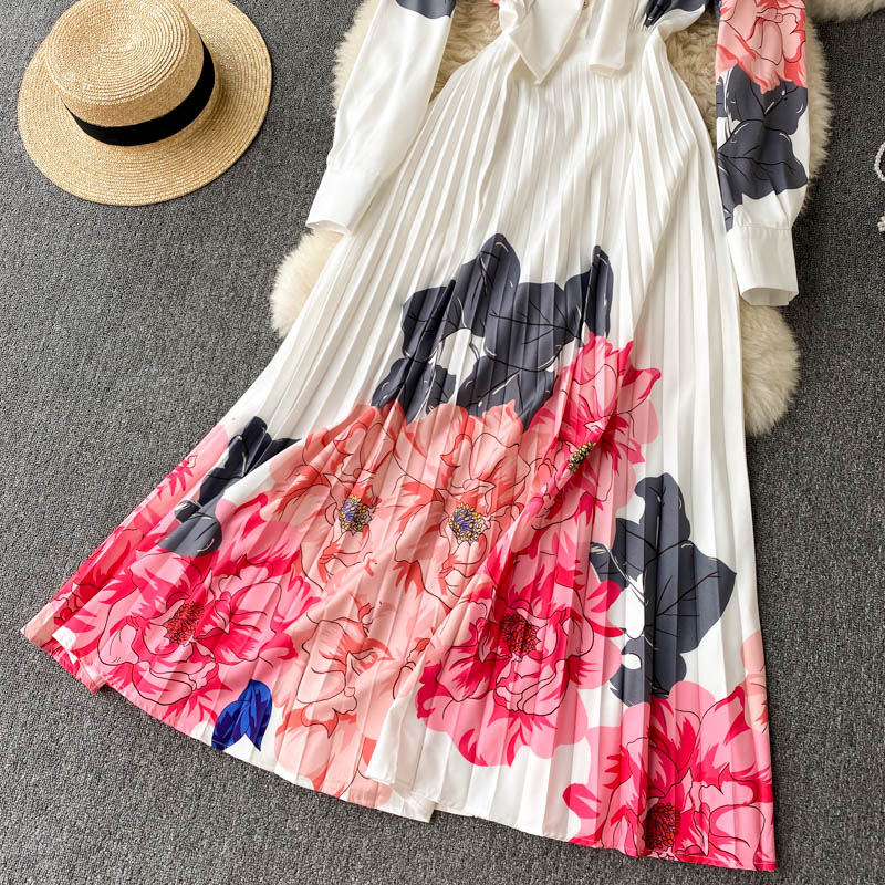 High Quality Pleated Long Sleeve Bow Short Sleeve Elegant Floral Dresses