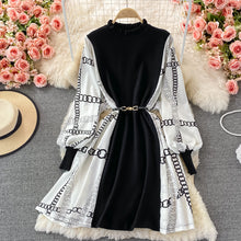 Black dress with long lantern sleeve print and high quality belt