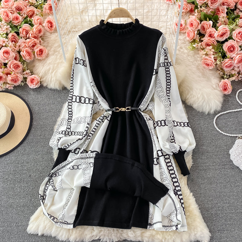 Black dress with long lantern sleeve print and high quality belt