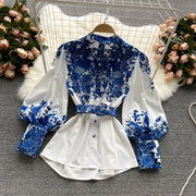 Two Piece Set Women's Shorts Sets Summer Suit Vintage Printed Long Sleeve Blouse Tops And High Waist Shorts Female Office Outfit