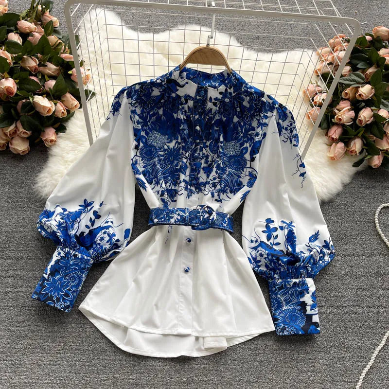 Two Piece Set Women's Shorts Sets Summer Suit Vintage Printed Long Sleeve Blouse Tops And High Waist Shorts Female Office Outfit