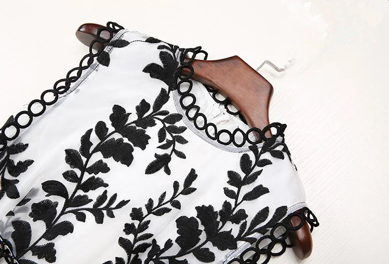 High Quality Sleeveless Leaf Embroidery Layered Ruffles Below Knee Long Dress