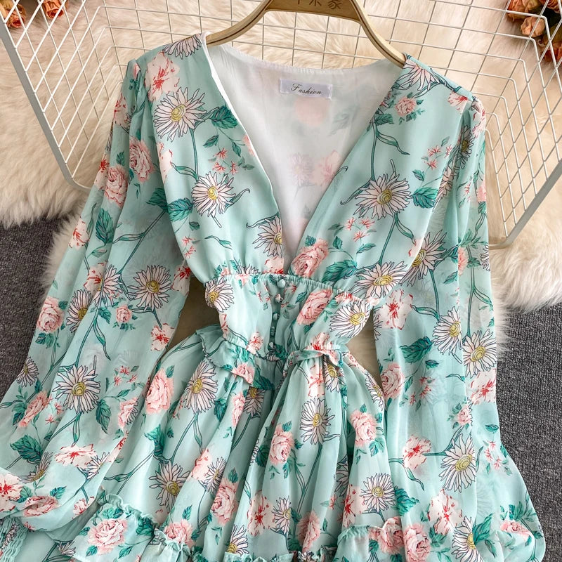 High Quality Ruffle Long Sleeve V Neck Sexy Floral Dress