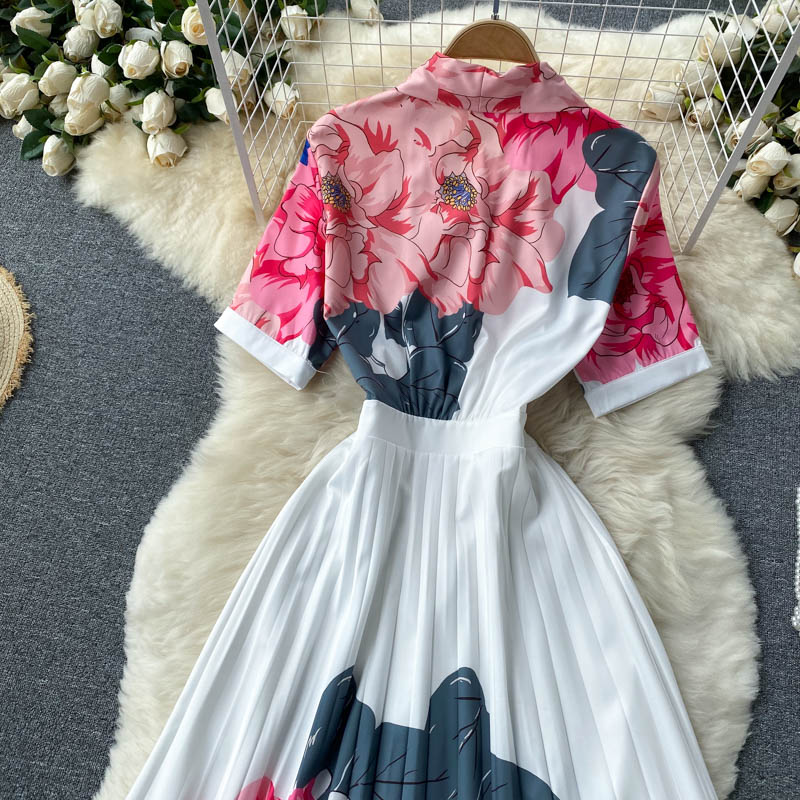 High Quality Pleated Long Sleeve Bow Short Sleeve Elegant Floral Dresses