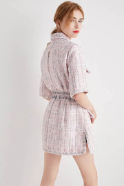 Autumn New Women High Quality Tweed Short Dress Jacket Slim Waist Pocket Elegant Vintage Pink Single Breasted Dress Female S-L
