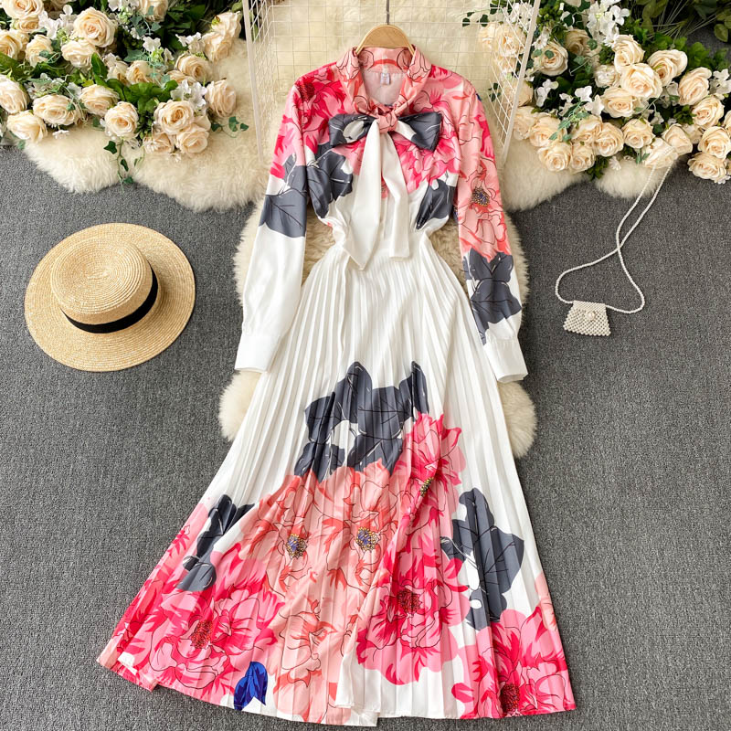 High Quality Pleated Long Sleeve Bow Short Sleeve Elegant Floral Dresses