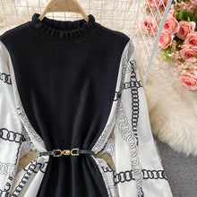 Black dress with long lantern sleeve print and high quality belt