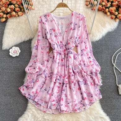 High Quality Ruffle Long Sleeve V Neck Sexy Floral Dress