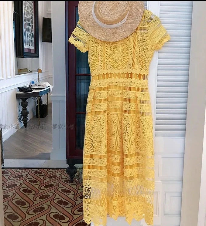 High Quality Short Sleeve Yellow Elegant Lace Dress