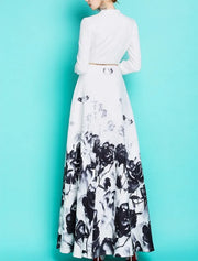 High quality slim fit elegant retro printed V-neck long dress