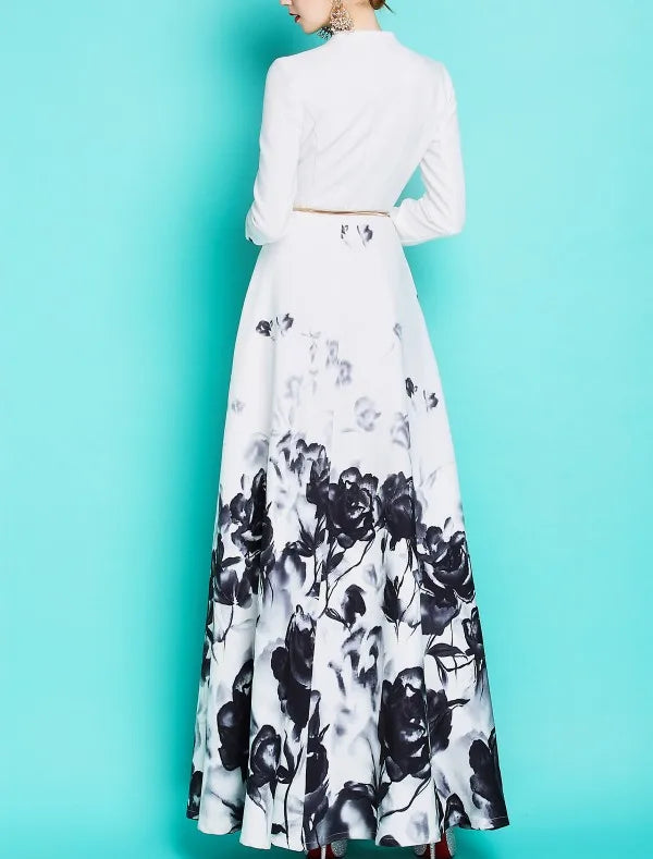 High quality slim fit elegant retro printed V-neck long dress