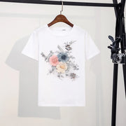 High-quality short-sleeved cotton t-shirts with sequin embroidery and 3D flowers