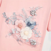 High-quality short-sleeved cotton t-shirts with sequin embroidery and 3D flowers