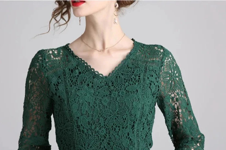 High quality vintage three quarter sleeve elegant lace dress