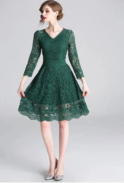 High quality vintage three quarter sleeve elegant lace dress