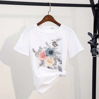 High-quality short-sleeved cotton t-shirts with sequin embroidery and 3D flowers