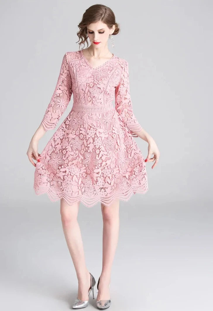 High quality vintage three quarter sleeve elegant lace dress