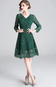 High quality vintage three quarter sleeve elegant lace dress