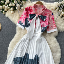 High Quality Pleated Long Sleeve Bow Short Sleeve Elegant Floral Dresses