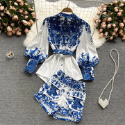 Two Piece Set Women's Shorts Sets Summer Suit Vintage Printed Long Sleeve Blouse Tops And High Waist Shorts Female Office Outfit