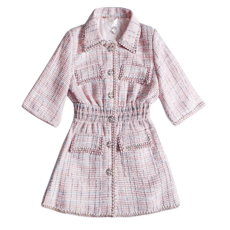 Autumn New Women High Quality Tweed Short Dress Jacket Slim Waist Pocket Elegant Vintage Pink Single Breasted Dress Female S-L
