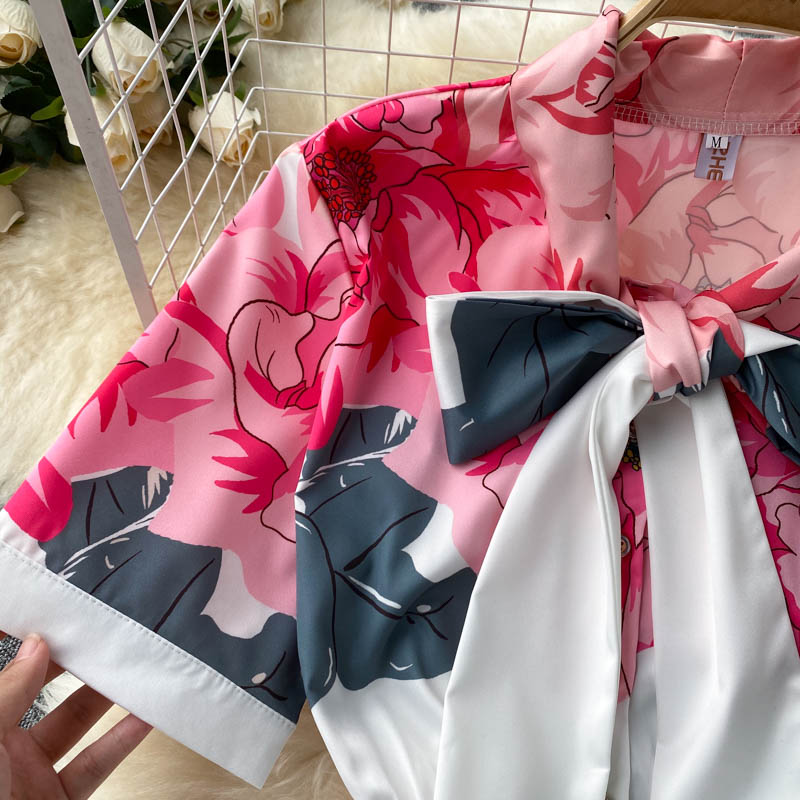 High Quality Pleated Long Sleeve Bow Short Sleeve Elegant Floral Dresses