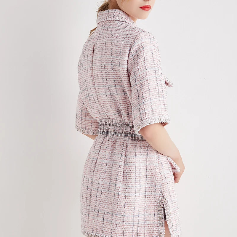 Autumn New Women High Quality Tweed Short Dress Jacket Slim Waist Pocket Elegant Vintage Pink Single Breasted Dress Female S-L