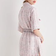 Autumn New Women High Quality Tweed Short Dress Jacket Slim Waist Pocket Elegant Vintage Pink Single Breasted Dress Female S-L