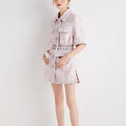 Autumn New Women High Quality Tweed Short Dress Jacket Slim Waist Pocket Elegant Vintage Pink Single Breasted Dress Female S-L