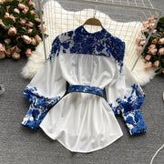 Two Piece Set Women's Shorts Sets Summer Suit Vintage Printed Long Sleeve Blouse Tops And High Waist Shorts Female Office Outfit