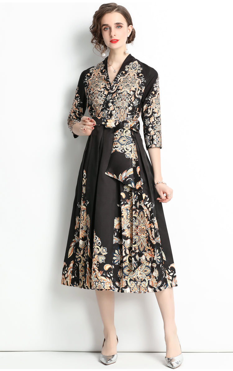 High Quality Three Quarter Sleeve V Neck Long Sleeve Flower Print Satin Dress