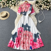 High Quality Pleated Long Sleeve Bow Short Sleeve Elegant Floral Dresses