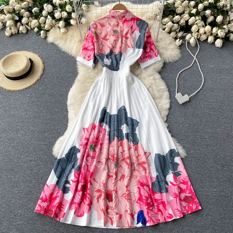 High Quality Pleated Long Sleeve Bow Short Sleeve Elegant Floral Dresses