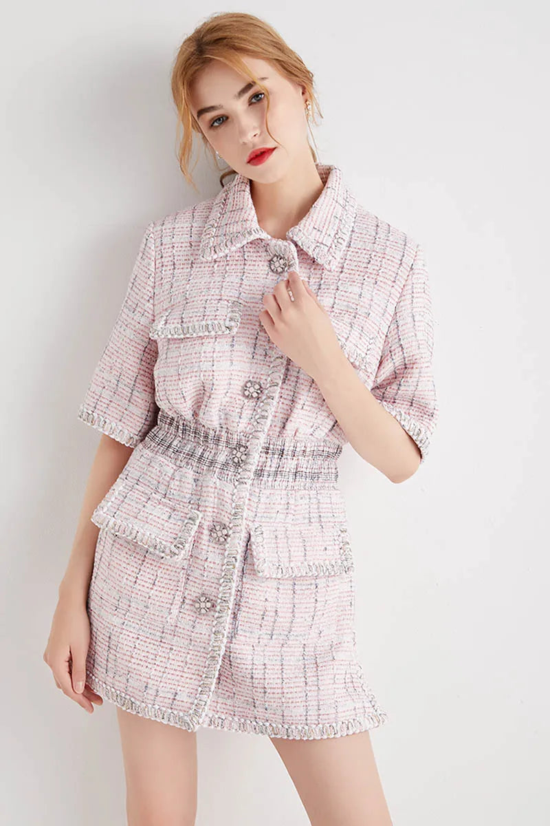 Autumn New Women High Quality Tweed Short Dress Jacket Slim Waist Pocket Elegant Vintage Pink Single Breasted Dress Female S-L
