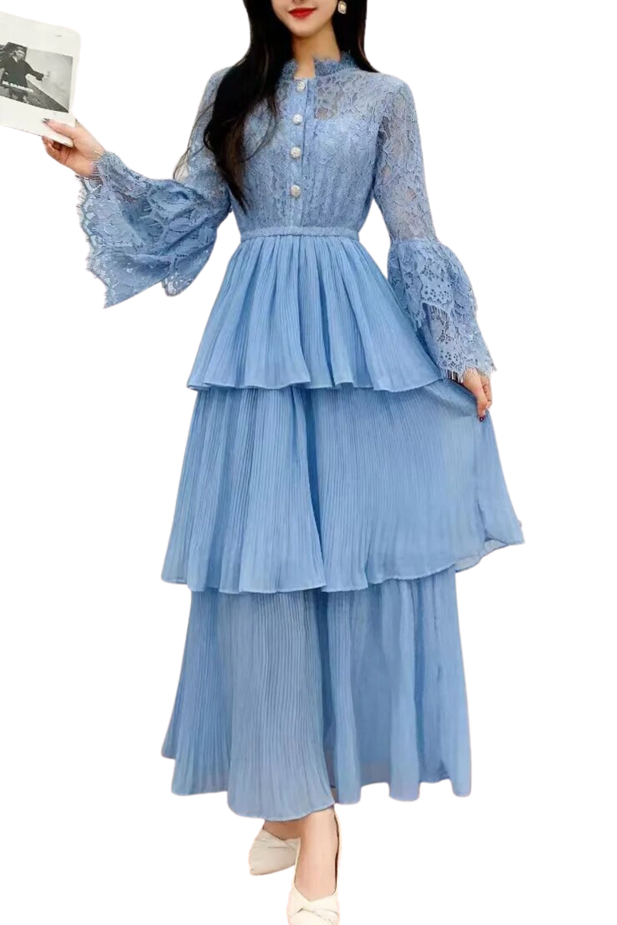 lace patchwork pleated dress Modelyn Coffee Lace Patchwork Pleated Slim Fit Asymmetrical Neck Puff Sleeve High Waist Flared A-Line Midi Women's Dresses Wedding Guest Coc,M