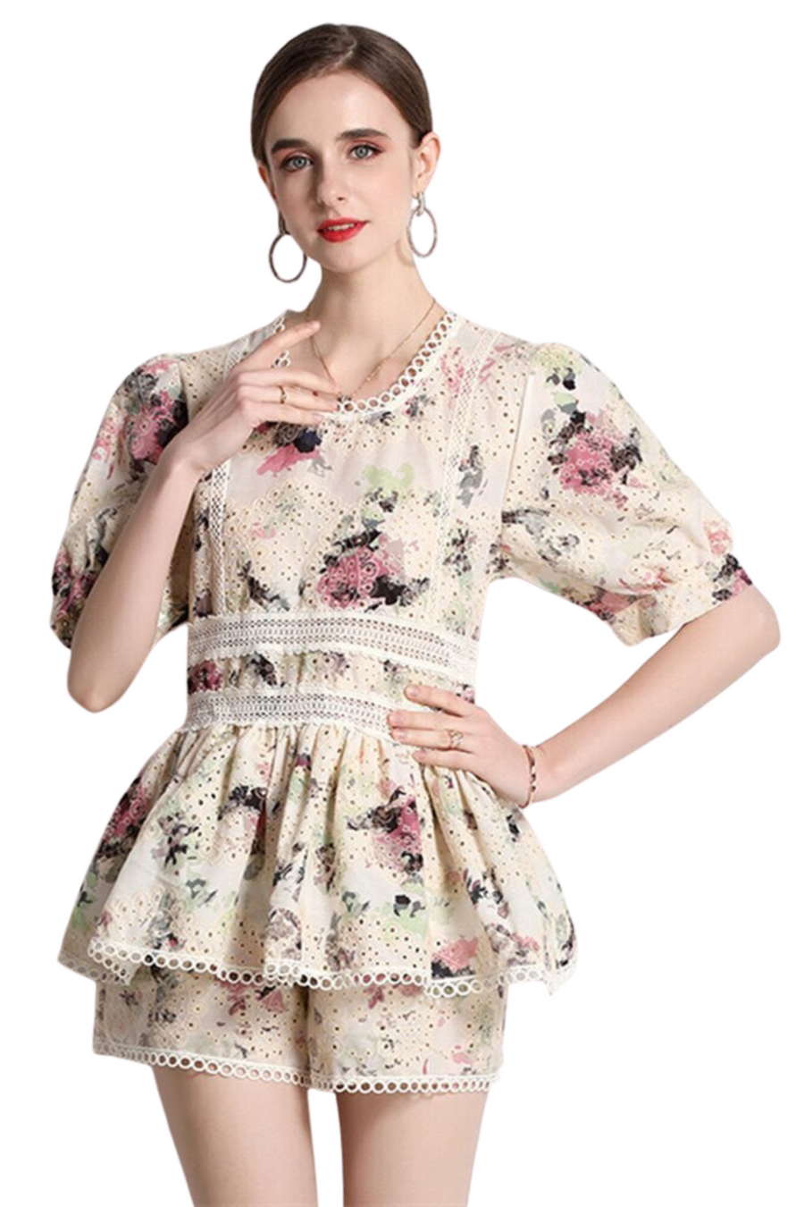 Flower Embroidery Lace Shorts Set Elegant Lantern Sleeve Shirt+Wide Leg Shorts High Quality