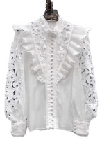 White Lace Ruffle Shirts Long Puff Sleeve Stand Collar High Quality