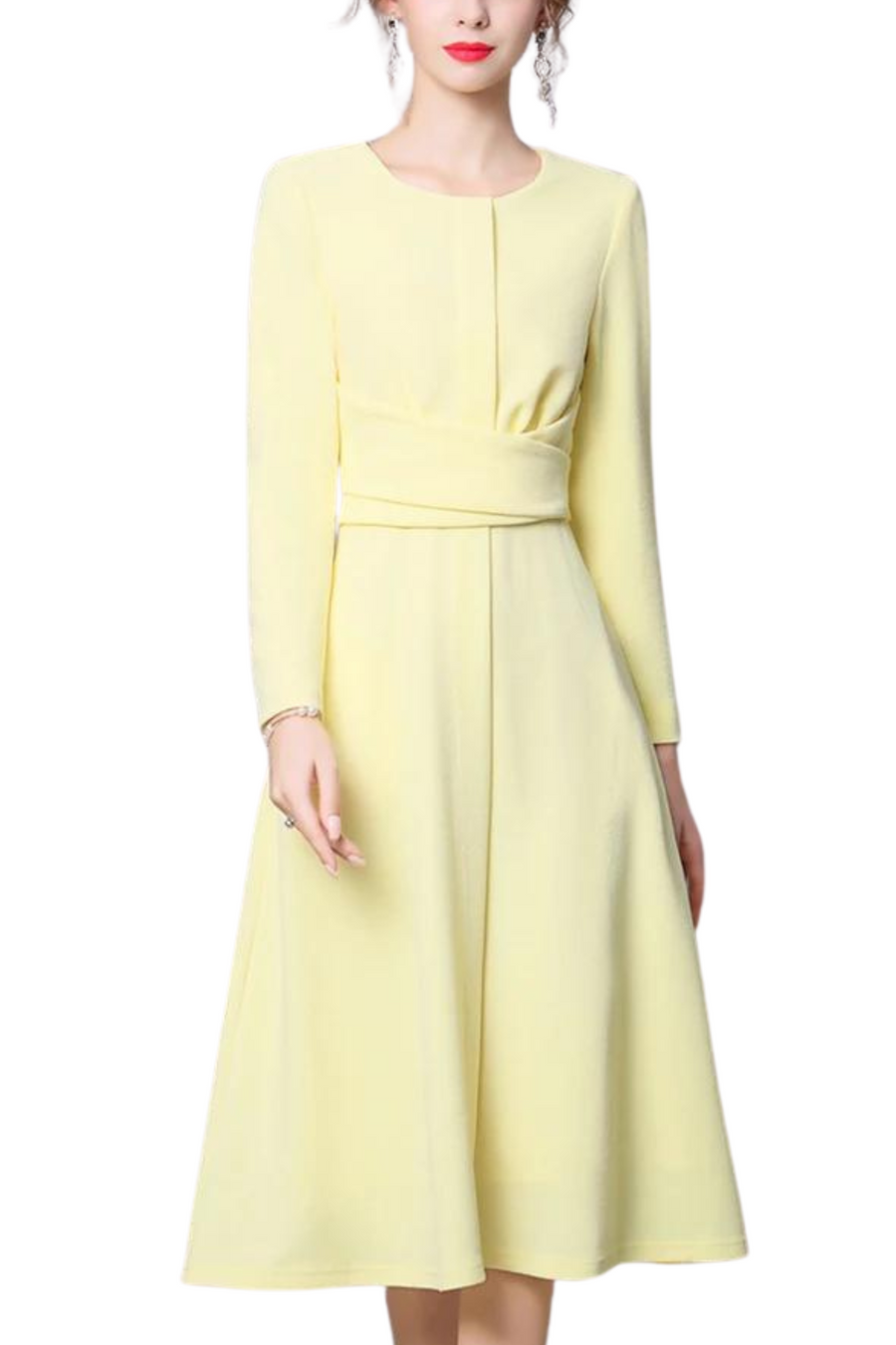 High Quality Long Sleeve Below Knee Length Designer Elegant Dress Yellow / XL High Quality Long Sleeve Below Knee Length Designer Elegant Dress Yellow / XL