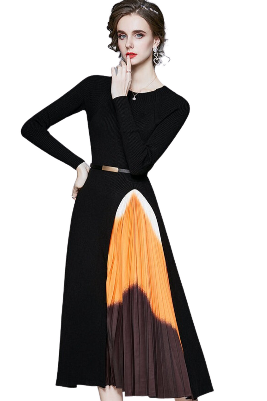 pleated belted midi dress Anna-Kaci Women's Long Sleeve Pleated Midi Dress with Belted Waist and Crew Neck