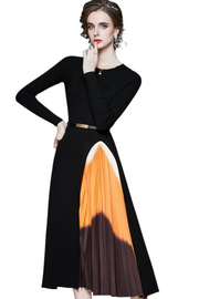 Elegant Black Long Sleeve Pleated Belted Midi Dress High Quality