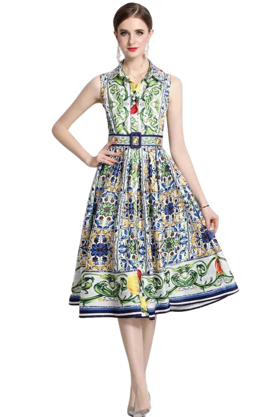 High Quality Flower Print Belted Turn-down Collar Sleeveless One-Breasted Flare Dress