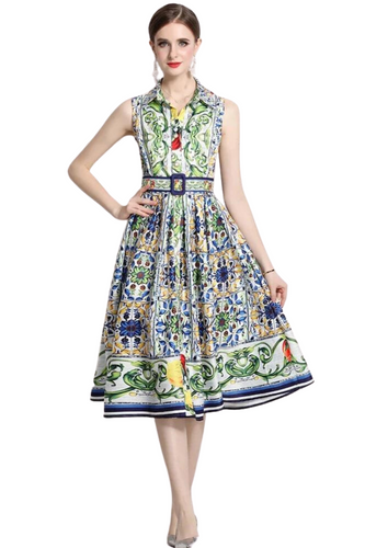 High Quality Flower Print Belted Turn-down Collar Sleeveless One-Breasted Flare Dress
