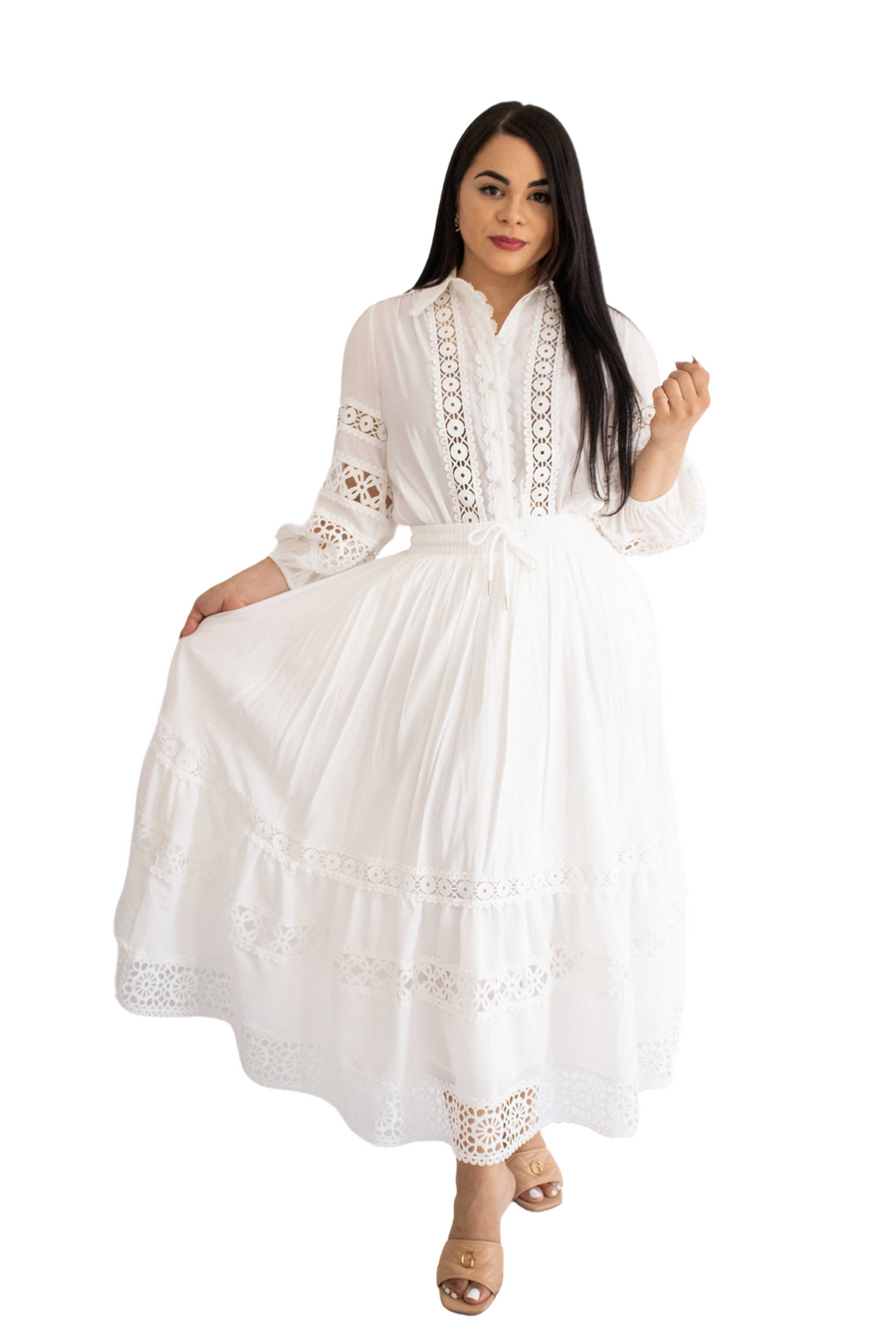 Lantern-sleeved long-sleeved shirt + elastic waist lace splicing hollow-out skirt skirt suit