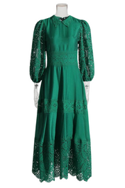 High Quality Lapel Flare Sleeve High Waist Solid Elegant Floral Embroidery Cut Out Dresses