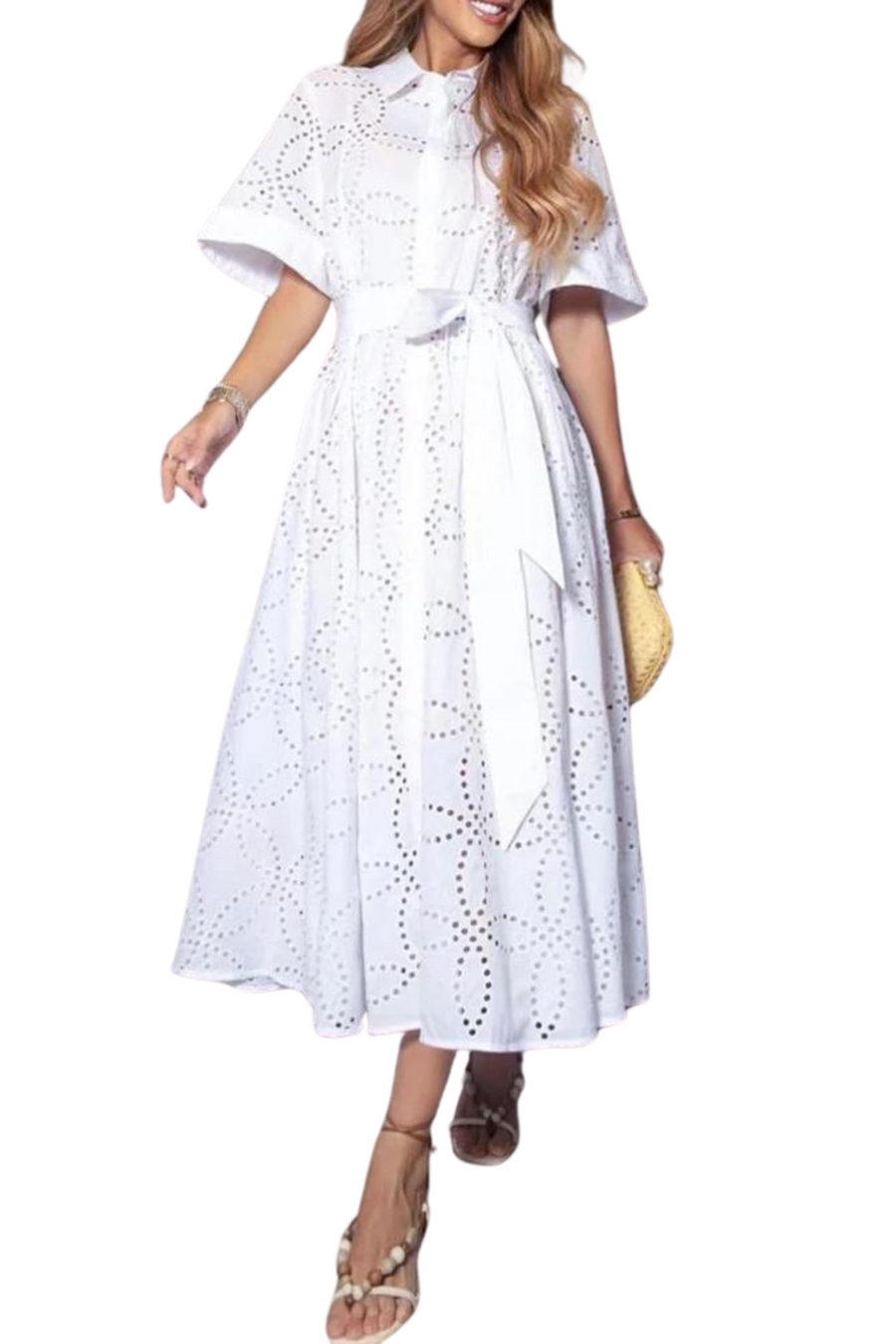 High Quality Lace-up Spliced Short Sleeve High Waist Lapel A-Line Elegant Dress