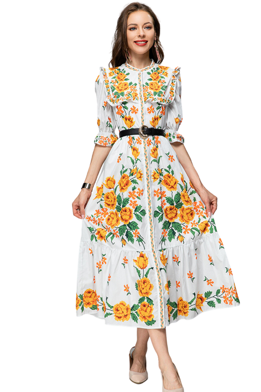 Floral three-quarter sleeve midi dress with high quality belt