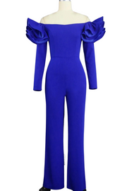 High Quality Elegant Off Shoulder Long Sleeve Wide Straight Leg Blue Jumpsuit